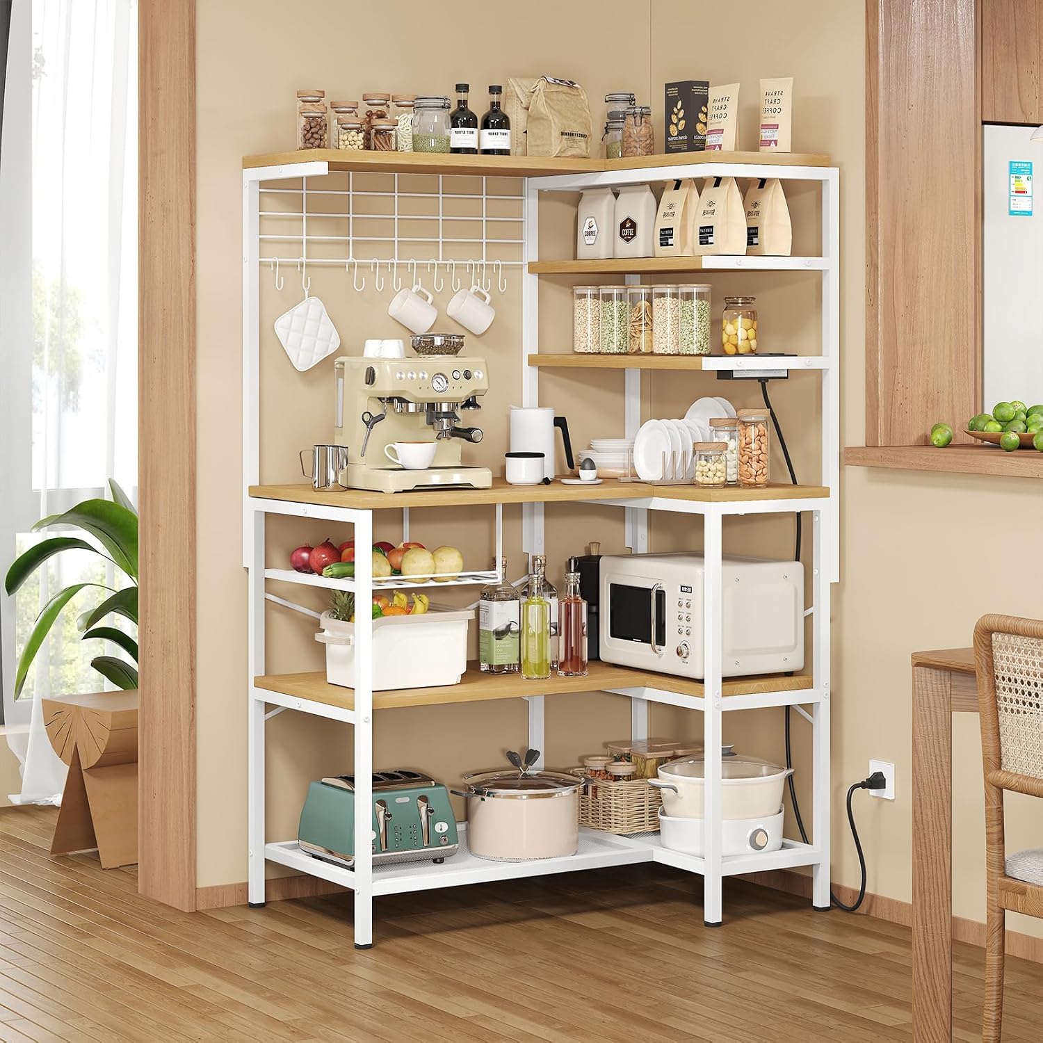 L-Shaped Bakers Rack with Power Outlet, 6-Tier Microwave Stand with Open Storage, Kitchen Shelf with Hooks, Coffee Bar with Wire Basket, White