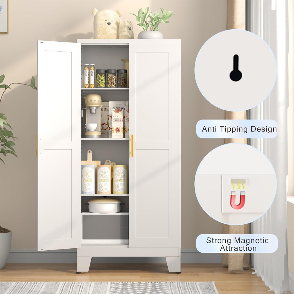 GAIOUS 61.02' Pantry Cabinet, Kitchen Pantry Storage Cabinets with Adjustable Shelves and Feet, White Pantry Storage Cabinet for Kitchen, Dining Room, Living Room and Bathroom (White) Metal