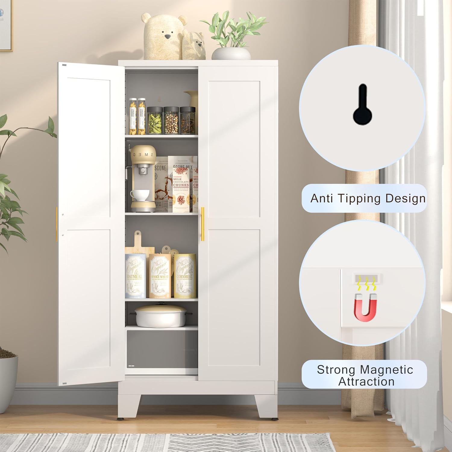 GAIOUS 61.02' Pantry Cabinet, Kitchen Pantry Storage Cabinets with Adjustable Shelves and Feet, White Pantry Storage Cabinet for Kitchen, Dining Room, Living Room and Bathroom (White) Metal