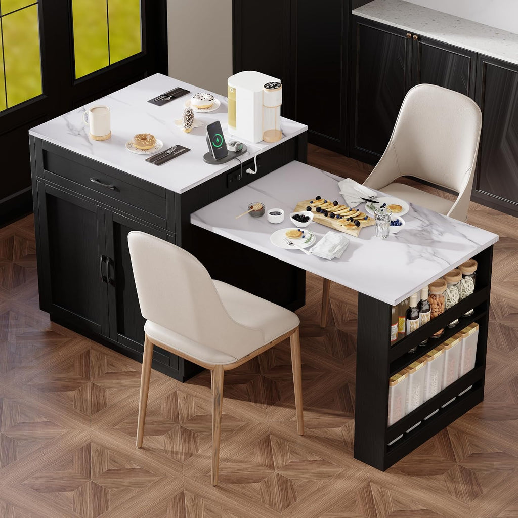 82.7 inches Kitchen Island with Extendable Table, Faux Mable Table with Double-Sized Storage, Power Outlet, 2 Drawers, 2 Side Open Shelves for Kitchen, Dining Room for 4-6 Person, Black