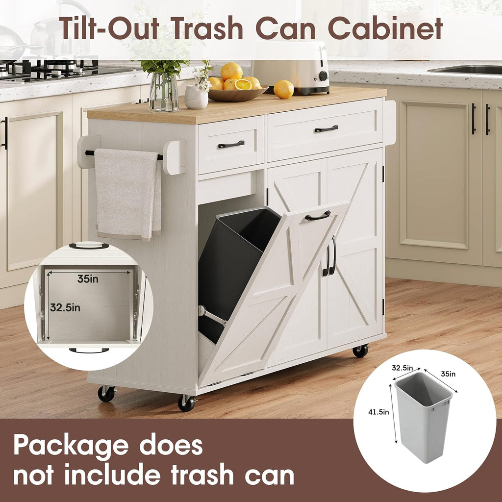 Halitaa Kitchen Island with Tilt Out Trash Can Cabinet and Power Outlet, Kitchen Rolling Island with Spice Rack, Towel Rack and 2 Drawers, Kitchen Island Cart, White