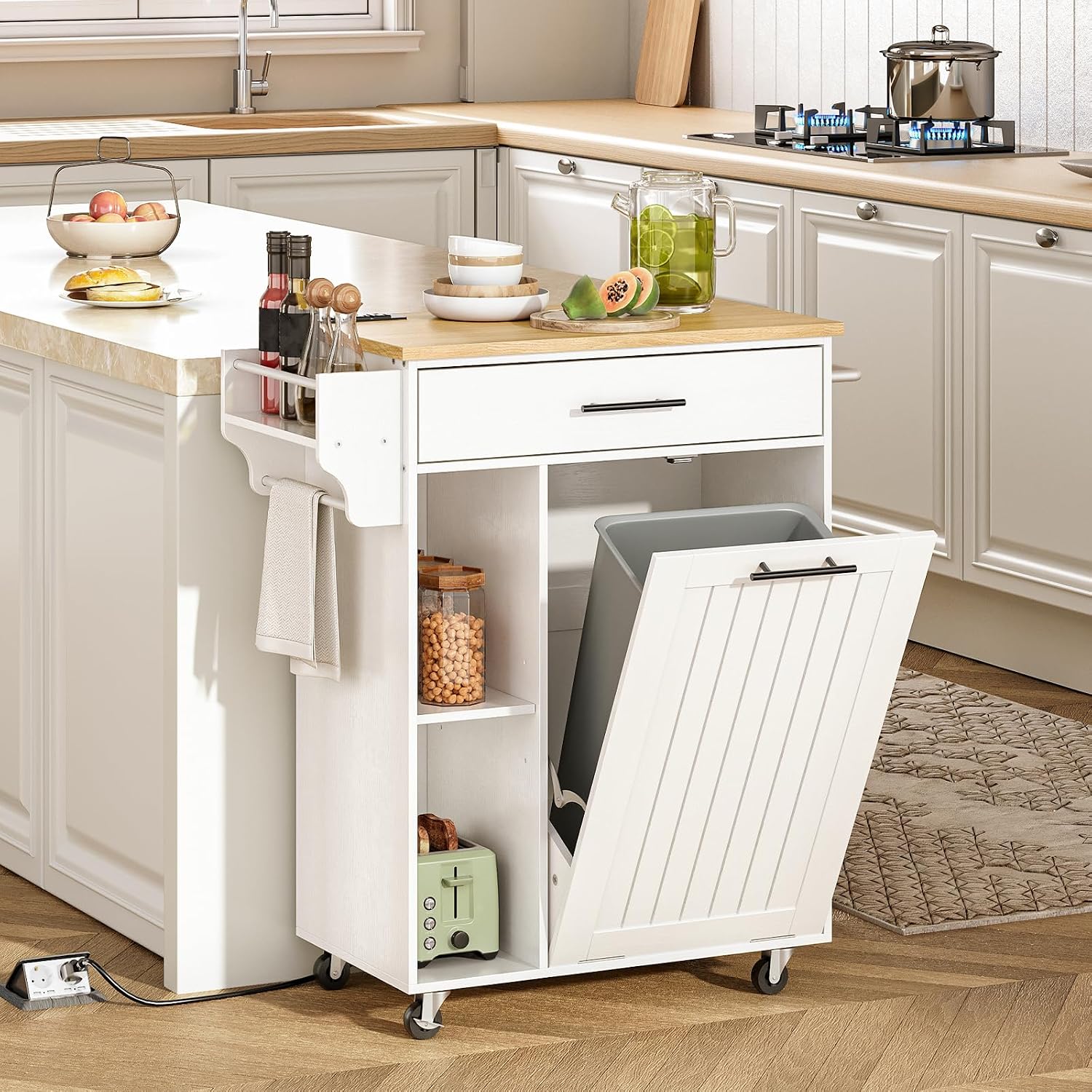 HOOBRO Kitchen Island with Trash Can Storage, Rolling Kitchen Island on Wheels, Kitchen Storage Island with Power Outlet, Mobile Islands Table for 10 Gallon Garbage Bin, Natural and White WN80UZD01G1