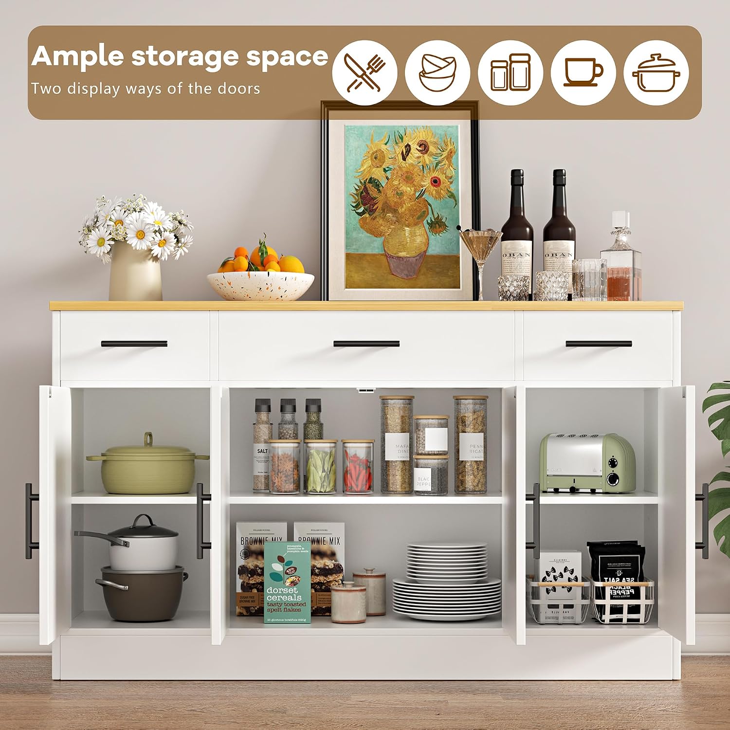 Vongrasig Buffet Cabinet with Storage, Farmhouse Coffee Bar Cabinet with Drawers, 53' Large Modern Sideboard Buffet with Adjustable Shelves for Kitchen, Dining Room, White
