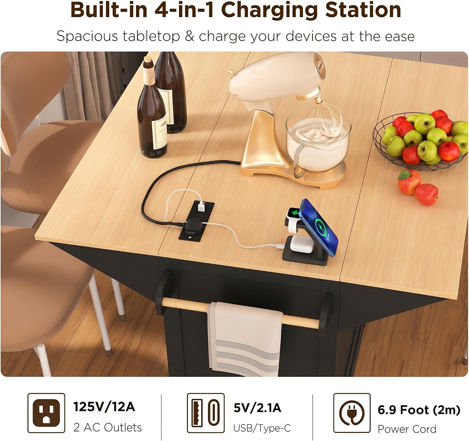 55.7' Large Rolling Kitchen Island Cart On 5 Wheels with 2 Drop Leaf, Power Outlet, Folding Storage Dining Table with Spice & Towel Rack, 3 Drawers, for Kitchen, Dining Room, Black