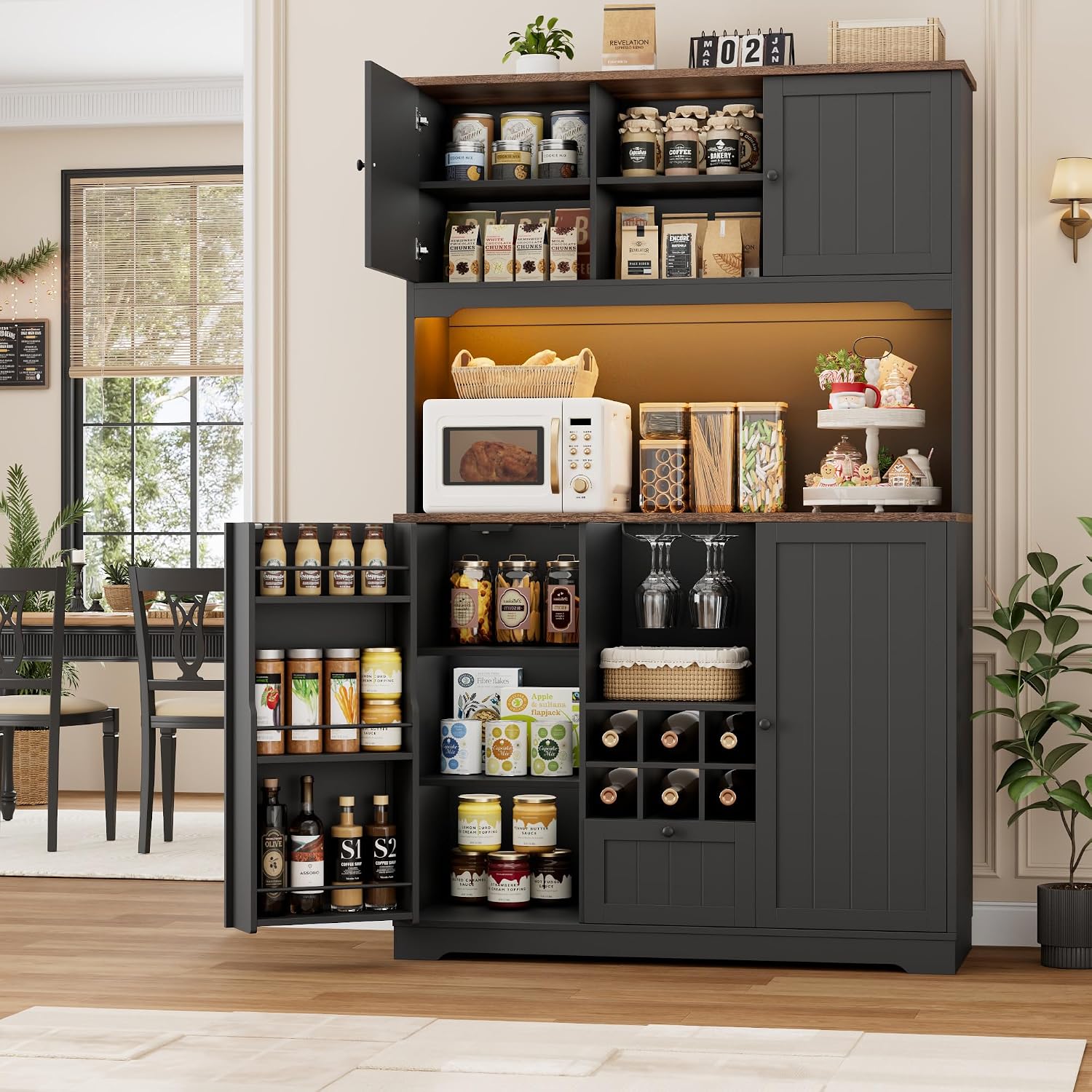 FINETONES 71' Pantry Cabinet with LED Light and Charging Station, Kitchen Pantry Cabinet with Microwave Stand, Kitchen Hutch Food Storage Cabinet with Outlet and Wine Racks, Black