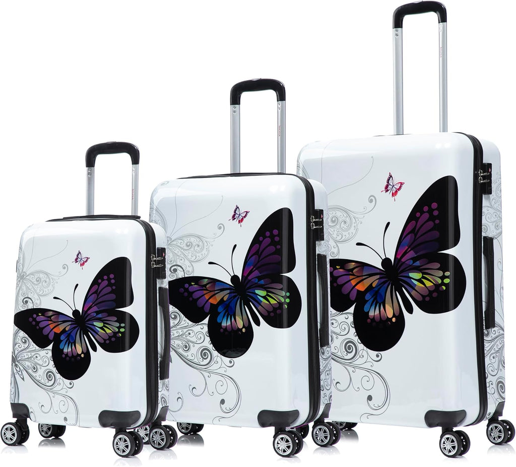 InUSA Butterfly Print Luggage with Spinner Wheels | Durable Lightweight Hardside Suitcase | Travel Bag with Handle and Trolley | (20in, 24in, 28in) 3 Piece Set