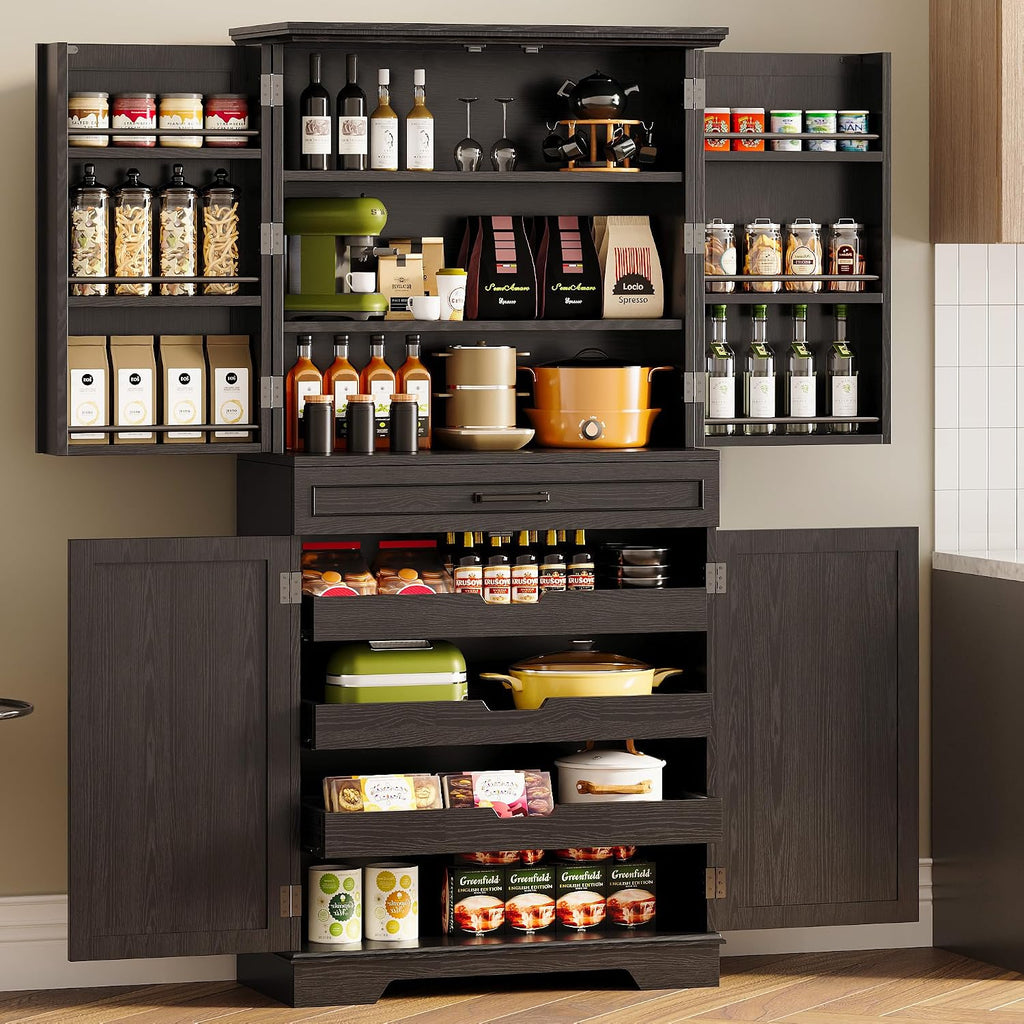 IRONCK Farmhouse Kitchen Pantry Cabinet, 72' Height Tall Freestanding Cupboard with Sliding Storage Rack and 6 Hanging Shelves for Kitchen, Dining Room, Black