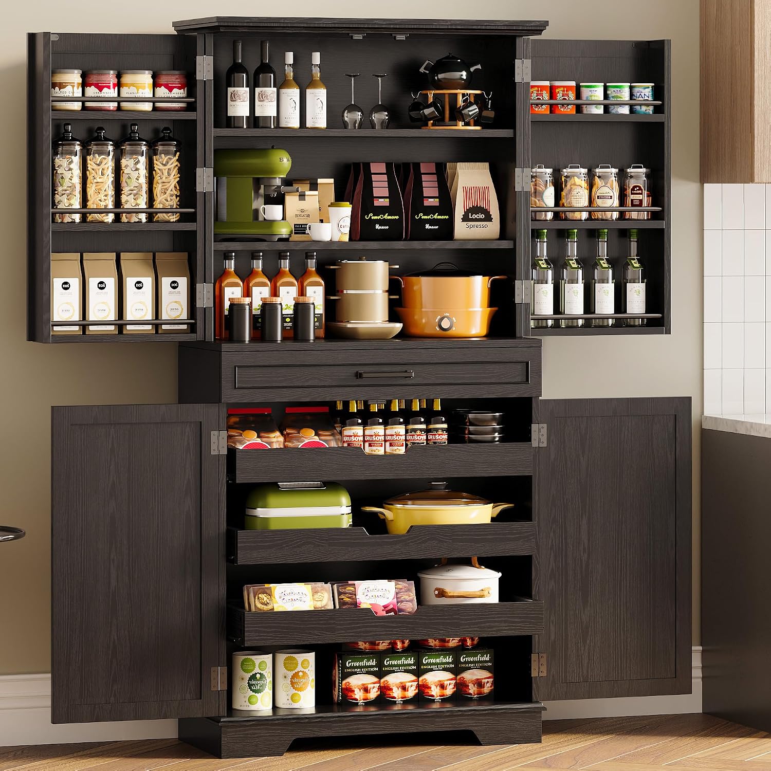 IRONCK Farmhouse Kitchen Pantry Cabinet, 72' Height Tall Freestanding Cupboard with Sliding Storage Rack and 6 Hanging Shelves for Kitchen, Dining Room, Black
