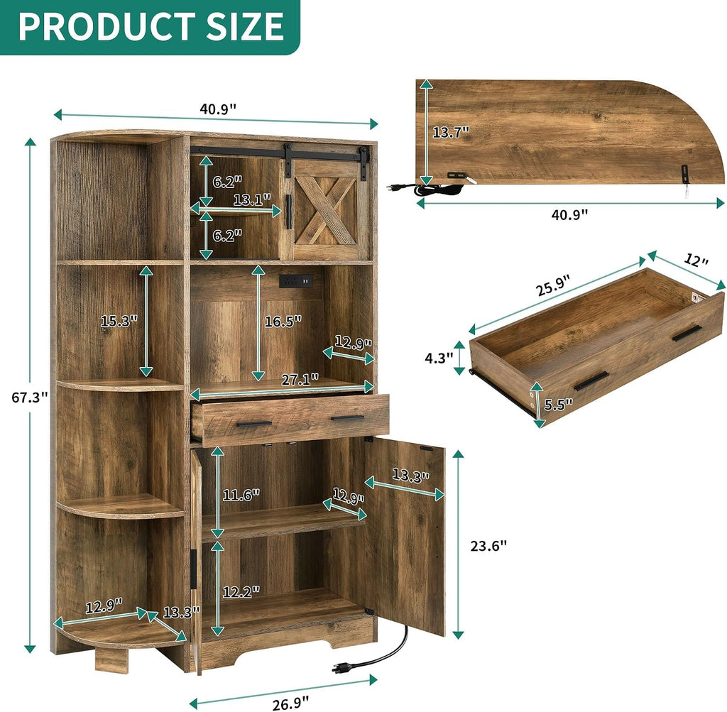 YITAHOME 67' Farmhouse Kitchen Pantry with Power Outlet, Sliding Barn Door Storage Cabinet w Charging Station, Freestanding Hutch with Shelves & Drawer, Microwave Stand Cupboard for Dining Room, Oak