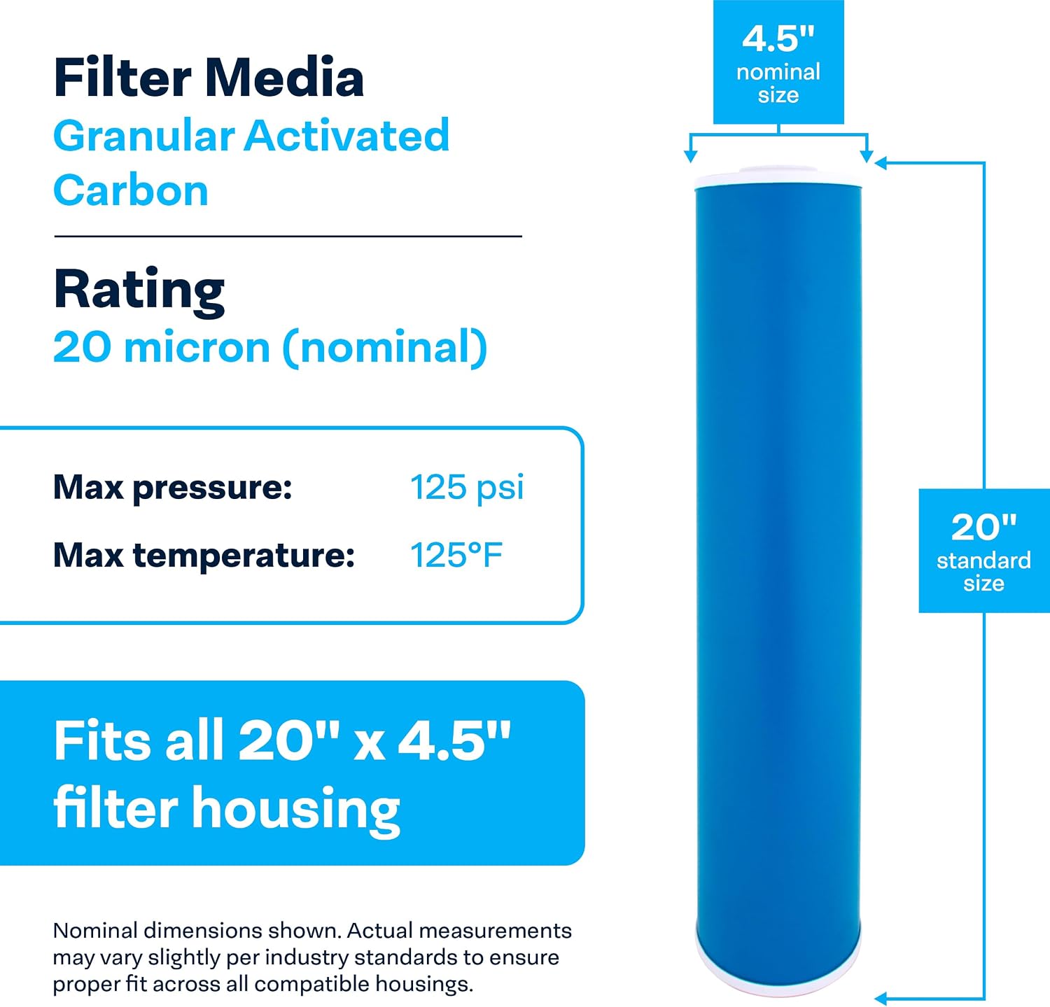 SpiroPure SP-GAC-20BB 20x4.5 20 Micron Coconut Shell Granular Activated Carbon (GAC) Water Filter Cartridge GAC-20BB 155249-43 (Case of 4)