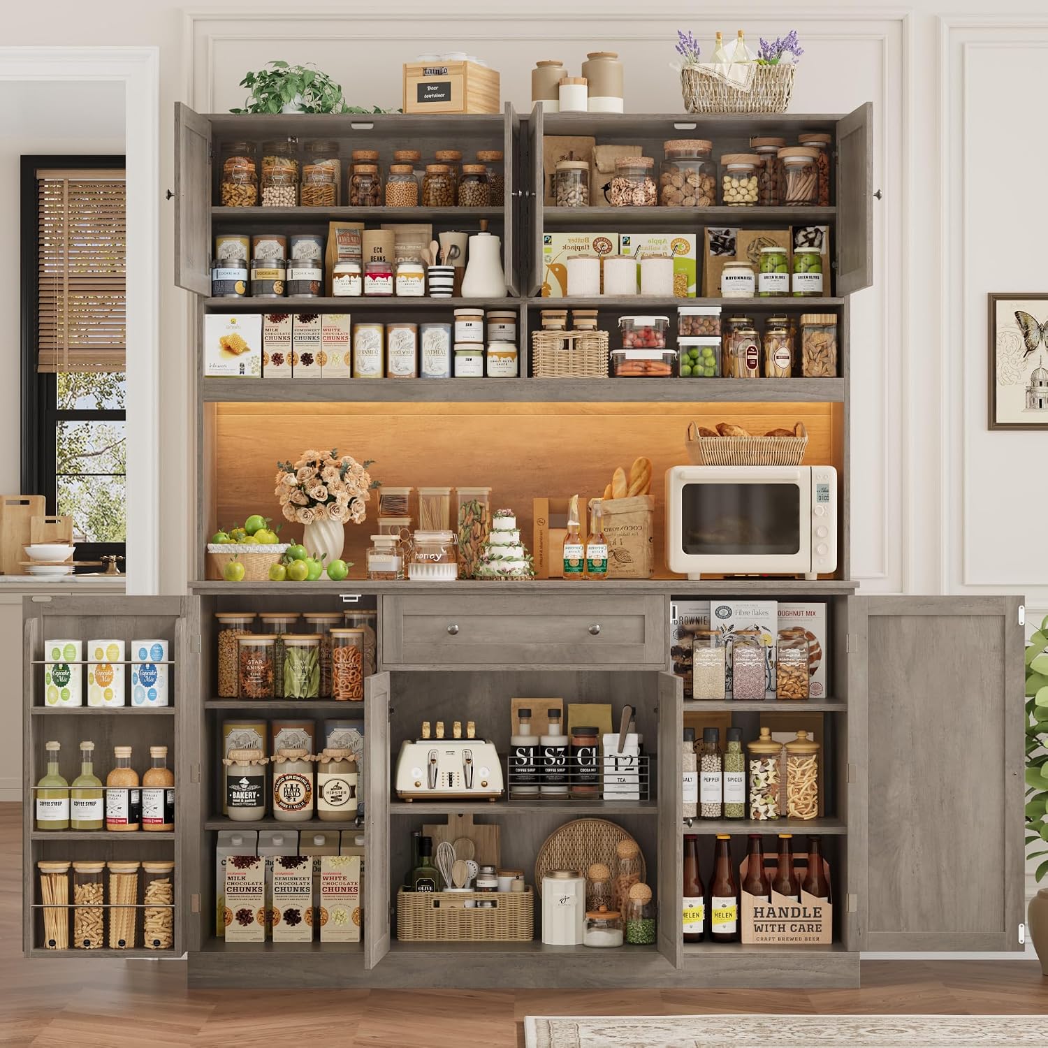 HIFIT 72.8' Tall Kitchen Pantry Cabinet with LED & Charging Station, 55' Wide Farmhouse Pantry Cabinet with Microwave Stand&Shelves&Swing-Out Door, Kitchen Hutch Coffee Bar for Living Room, Grey