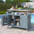 Outdoor Kitchen Island Rolling Bar Cart & Storage Cabinet Farmhouse Solid Wood Outdoor Grill Table with Stainless Steel Top, Spice Rack, Towel Rack for Dining Room Kitchens BBQ Grey Blue