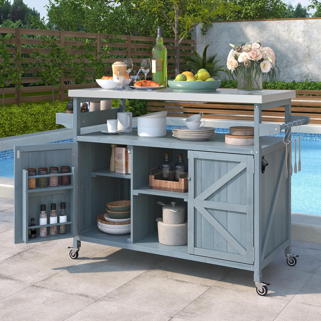 Farmhouse Outdoor Kitchen Island, Rolling Bar Cart & Storage Cabinet with Stainless Steel Top, Spice Rack, Towel Rack for Kitchen & Barbecue, Solid Wood Outdoor Grill Table (Grey+Blue)