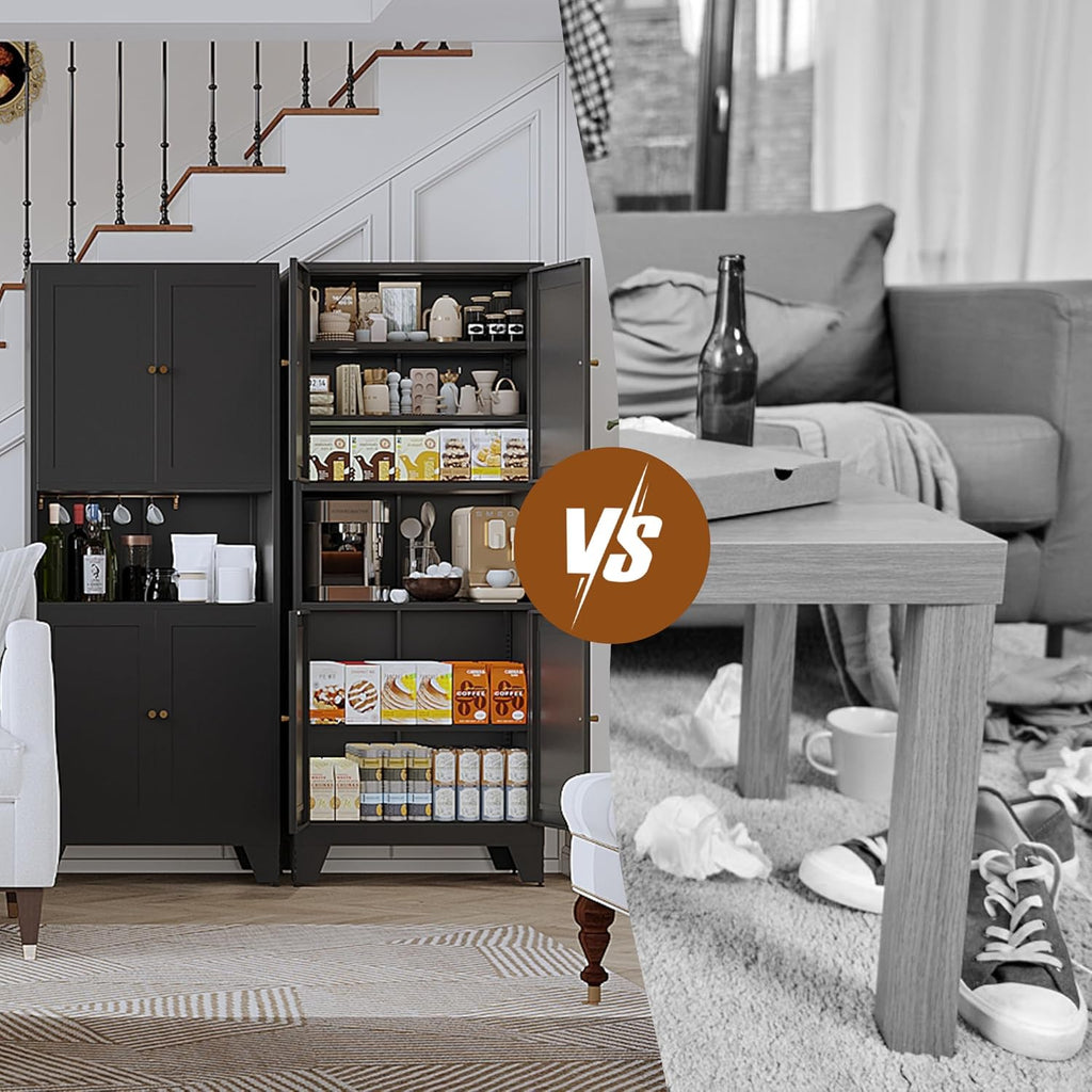 68.9'' Black Metal Kitchen Pantry Cabinet with Doors and Adjustable Shelves, Hutch Cabinet with Microwave Storage, Kitchen cabine can Also be Used in the Living Room.Bathroom, Home