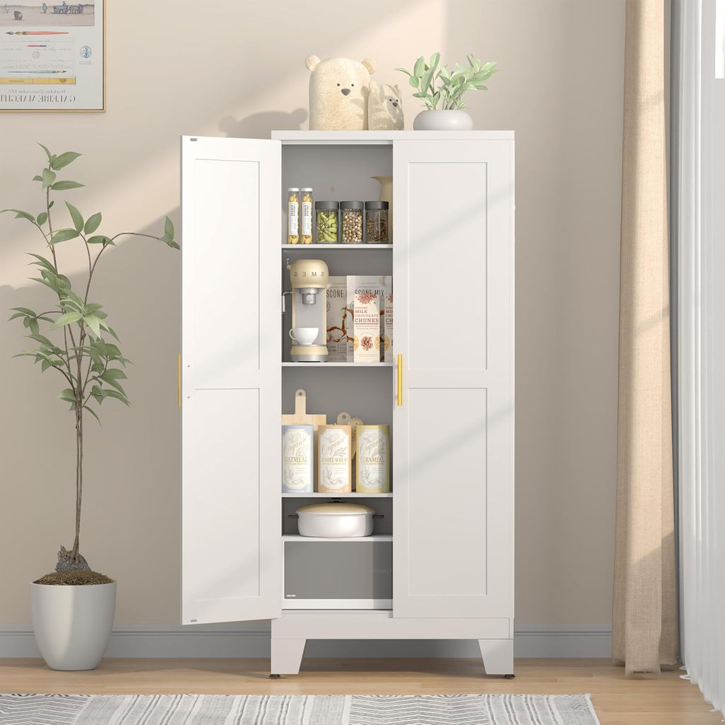 GAIOUS 61.02' Pantry Cabinet, Kitchen Pantry Storage Cabinets with Adjustable Shelves and Feet, White Pantry Storage Cabinet for Kitchen, Dining Room, Living Room and Bathroom (White) Metal