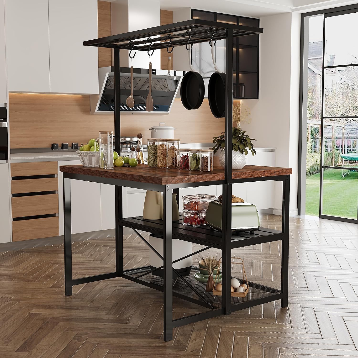 42' Kitchen Island with Storage, Multi-Functional Coffee Bar Station - 3-Tier Bakers Rack with Heavy Duty Steel Frame for Small Spaces (Farmhouse Style, Retro Color)