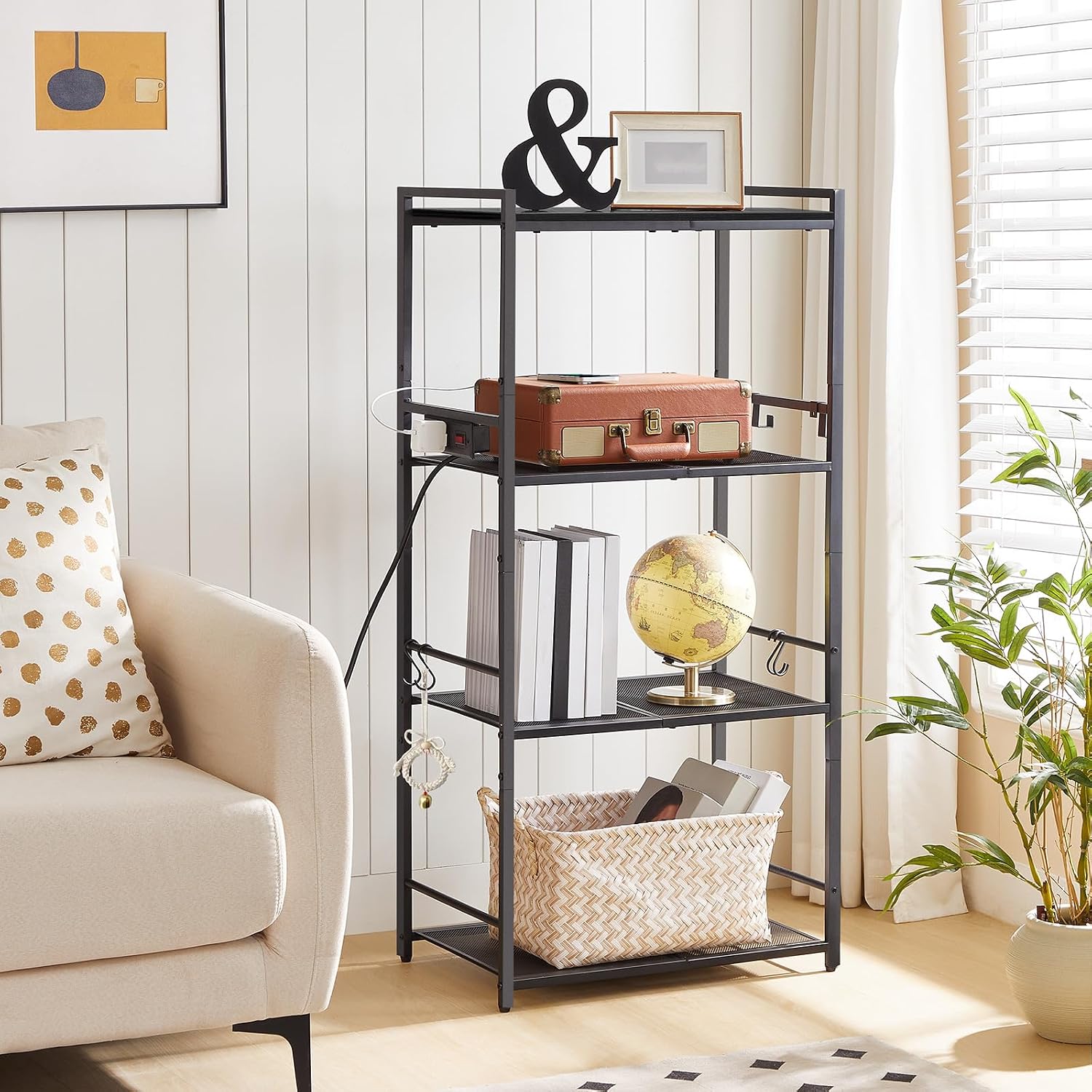 MAHANCRIS Bakers Rack with Power Outlet and Bar Cart for Home Bundle, 3-Tier Serving Cart, BRHB40E01-RCGD81B01