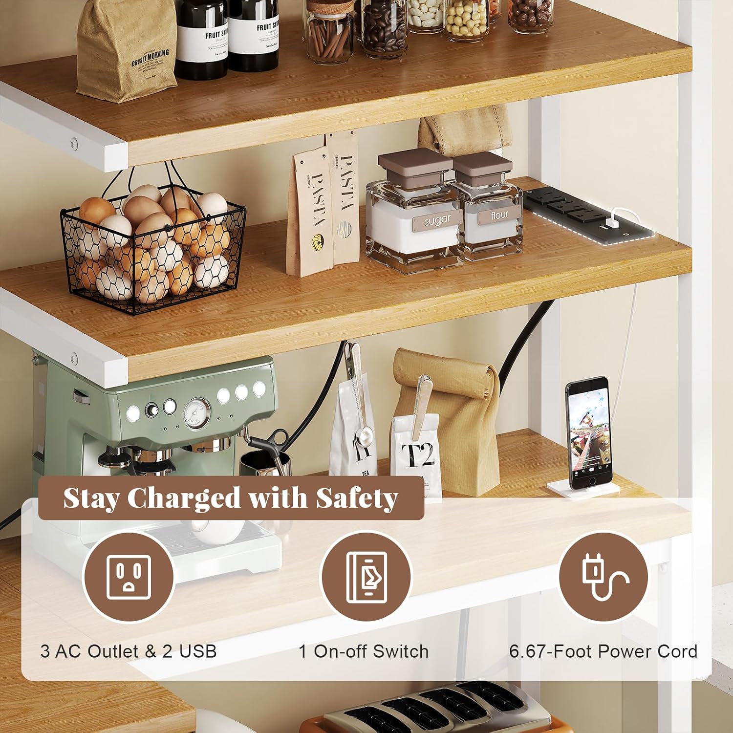 L-Shaped Bakers Rack with Power Outlet, 6-Tier Microwave Stand with Open Storage, Kitchen Shelf with Hooks, Coffee Bar with Wire Basket, White