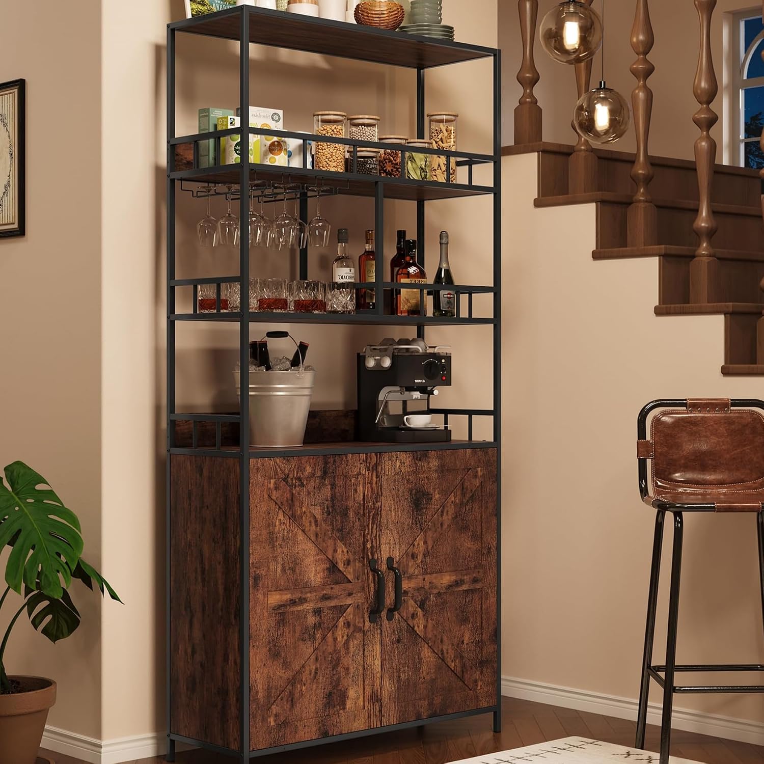 70.8' Coffee Bar Cabinet with Storage, Large Bakers Rack with Power Outlet & Goblet Holder, 5-Tier Kitchen Microwave Stand for Small Spaces, Corner Wine Rack (Rustic Brown)