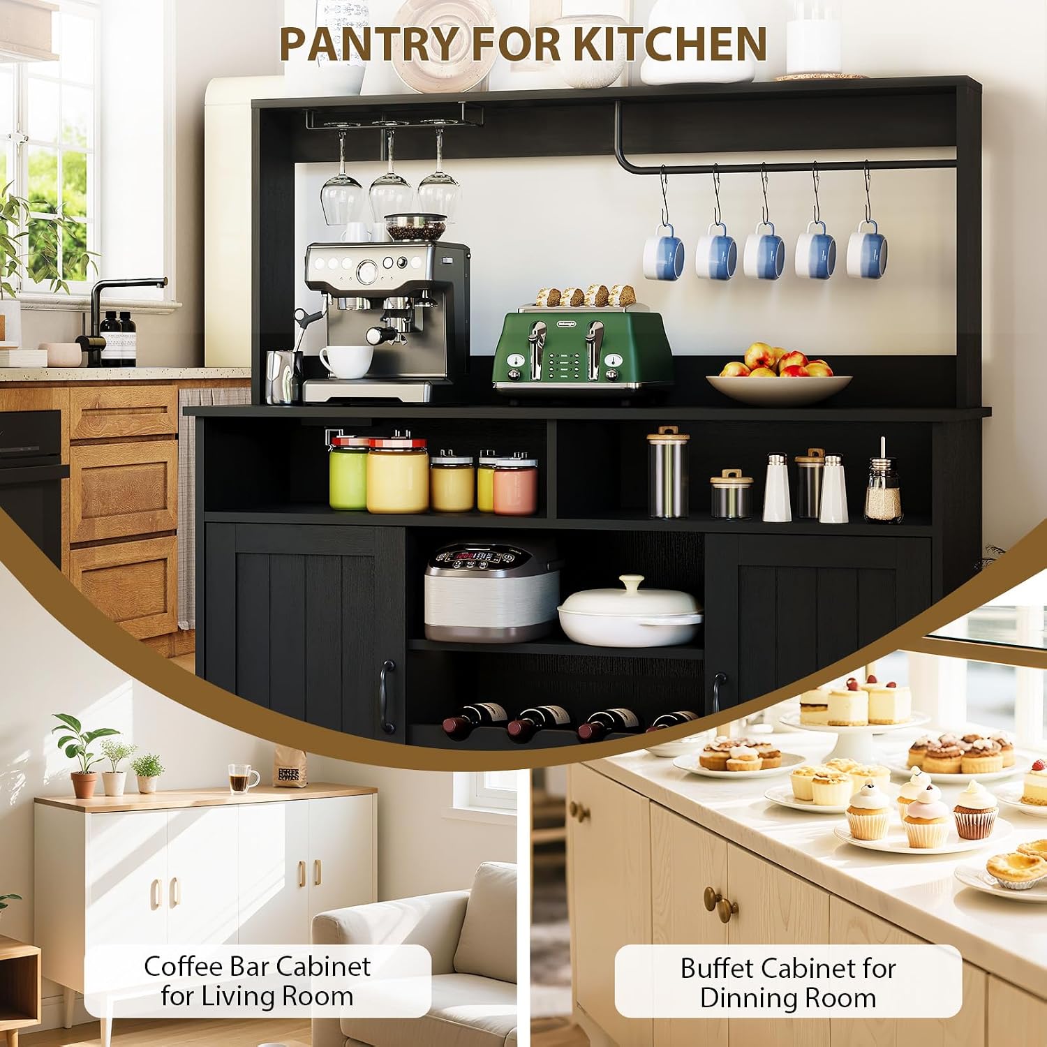 Bakers Rack With Power Outlet and LED Light 67'' Kitchen Microwave Stand Storage Shelf With 10 S-Shaped Hooks Wine Rack 5 Tiers Coffee Bar Station With Basket Cabinet Metal Grid Goblet Holder, Brown