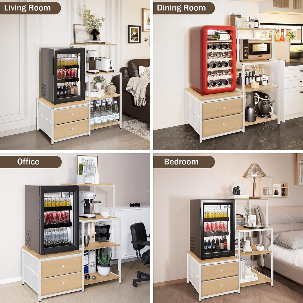 Mini Fridge Stand with Storage, Microwave and mini Fridge Stand with Power Outlet, Coffee Bar,Kitchen Baker,for Dorm,Office(Oak)