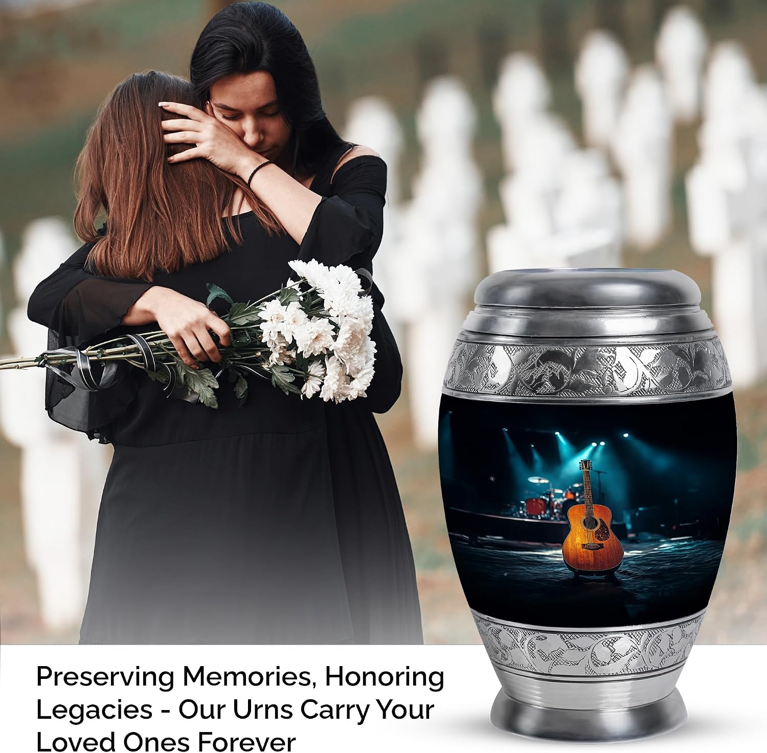 Guitar Urn - Memorial Urn - Secure Lid - Burial Urns - Urns for Adult Male Small - Hand Engraved - 10 inch