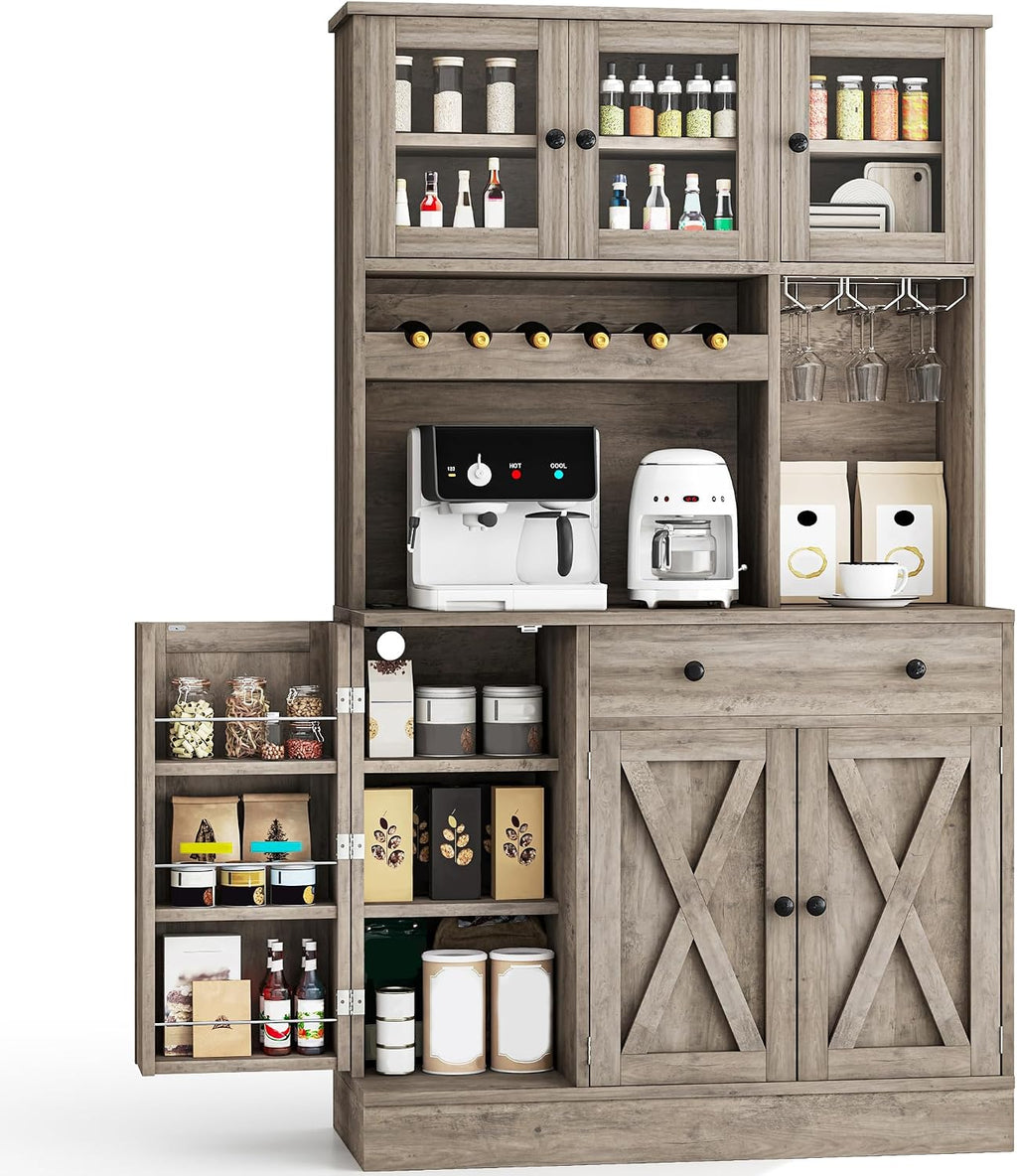 YITAHOME Kitchen Pantry Cabinet with Wine Rack & Power Outlet, 71' H Tall Storage Cabinet with Doors, Shelves, Drawer, Goblet Holder for Kitchen & Living Room (Grey)