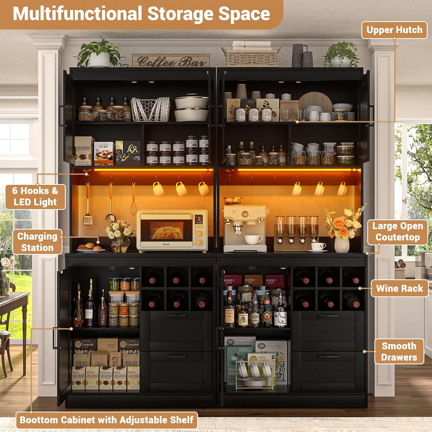 Unikito 72' Tall Pantry Cabinet, Kitchen Pantry Storage Cabinet with LED Light & Outlet, 63' Wide Kitchen Hutch Bar with Microwave Stand, Drawers, Wine Rack & Shelves, Cupboard for Dining Room, Black