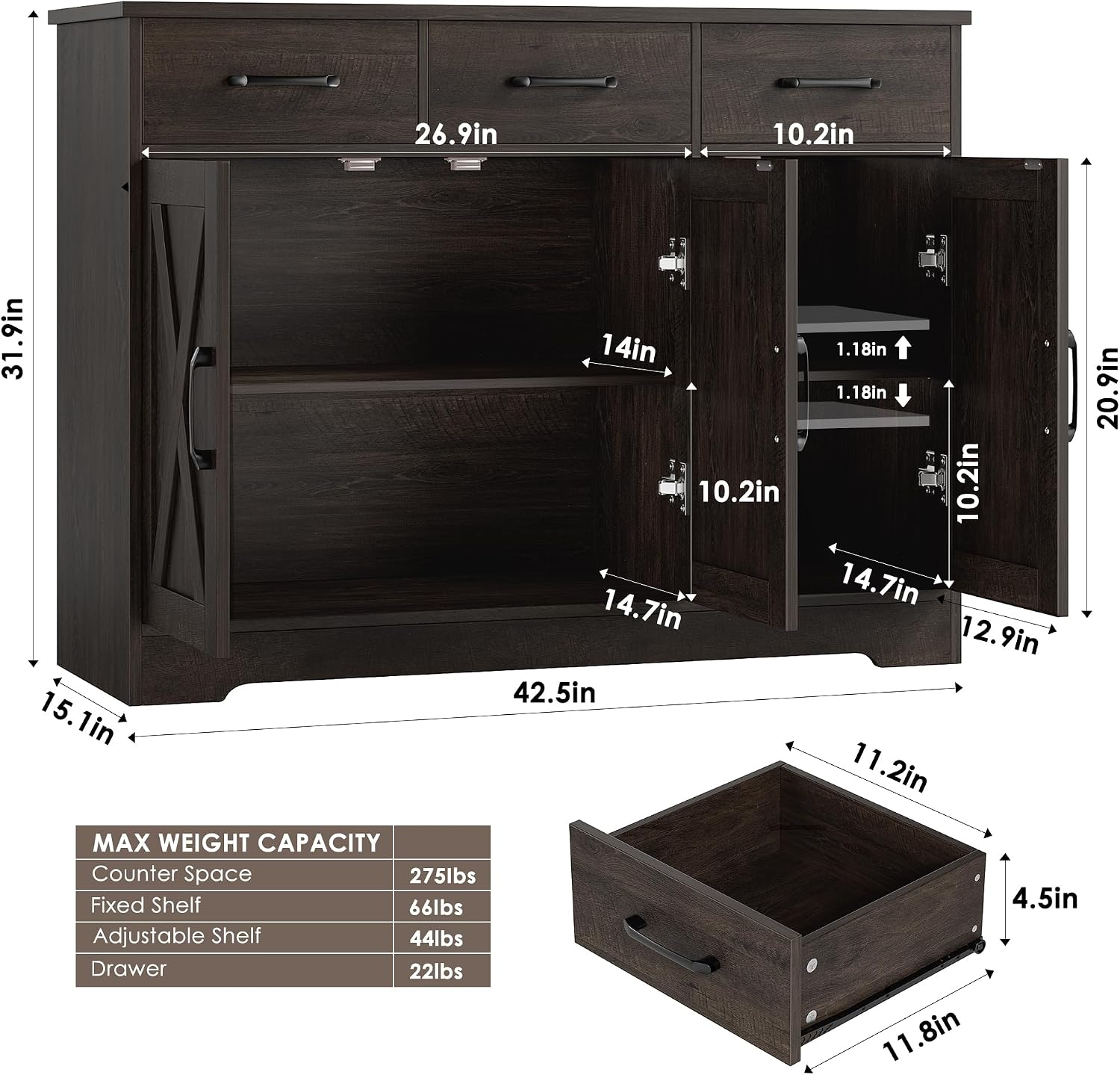 HOSTACK Modern Farmhouse Buffet Sideboard Cabinet, Barn Doors Storage Cabinet with Drawers and Shelves, Wood Coffee Bar with Storage for Dining Room, Kitchen, Living Room, Dark Brown