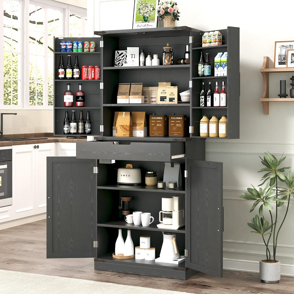GRUSIGN 72' Tall Storage Cabinet, Kitchen Pantry Cabinet with Adjustable Shelves & Sturdy Steel Frame, Farmhouse Pantry Storage with 4 Barn Doors for Kitchen, Dining Room, and Living Room, Black