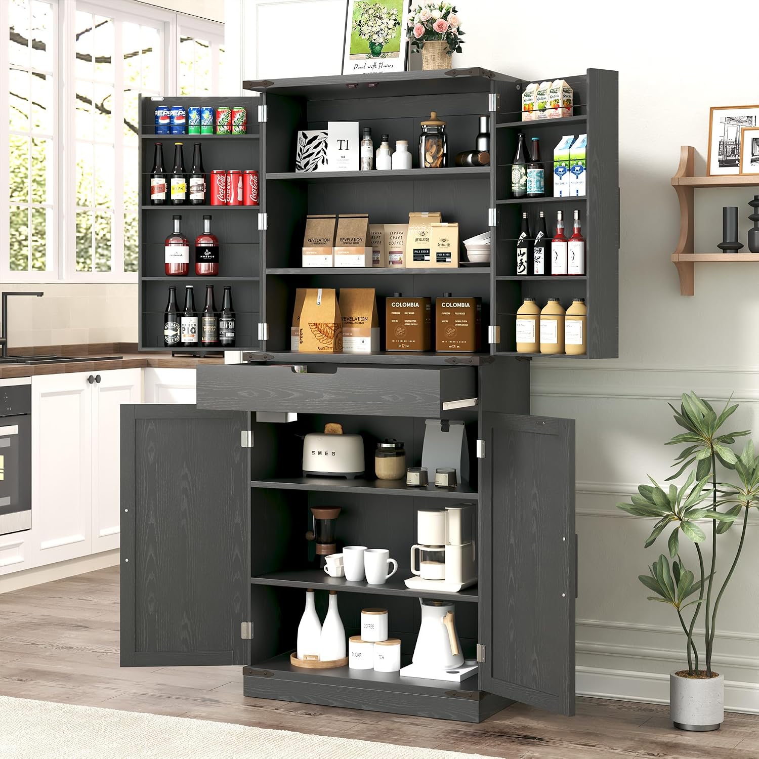 GRUSIGN 72' Tall Storage Cabinet, Kitchen Pantry Cabinet with Adjustable Shelves & Sturdy Steel Frame, Farmhouse Pantry Storage with 4 Barn Doors for Kitchen, Dining Room, and Living Room, Black