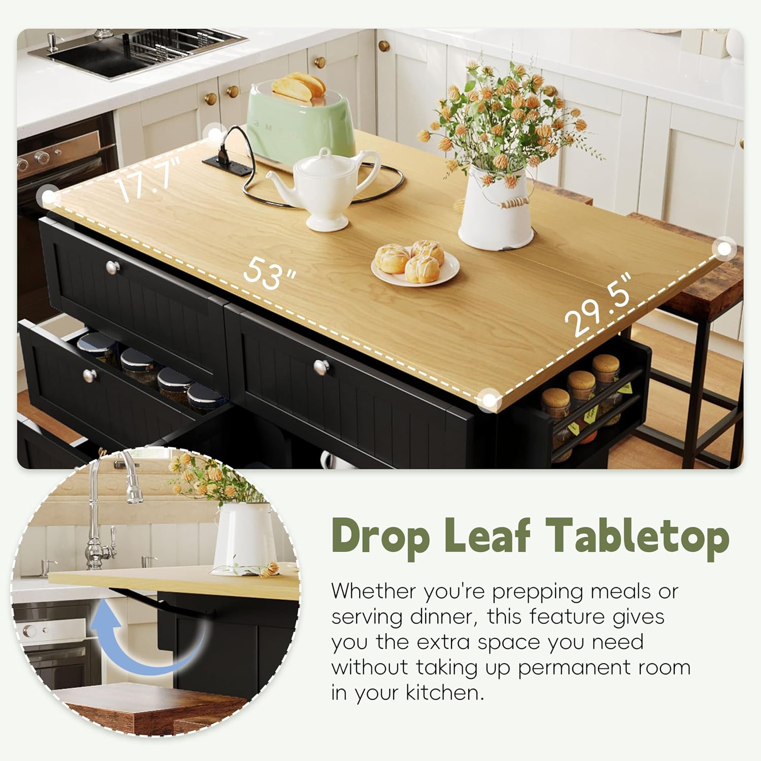 Farmhouse Kitchen Island with Drop Leaf and 2 Seatings, Kitchen Table Set with Storage Cabinet, Drawers, Door Shelves and Power Outlet Black+Rustic Brown
