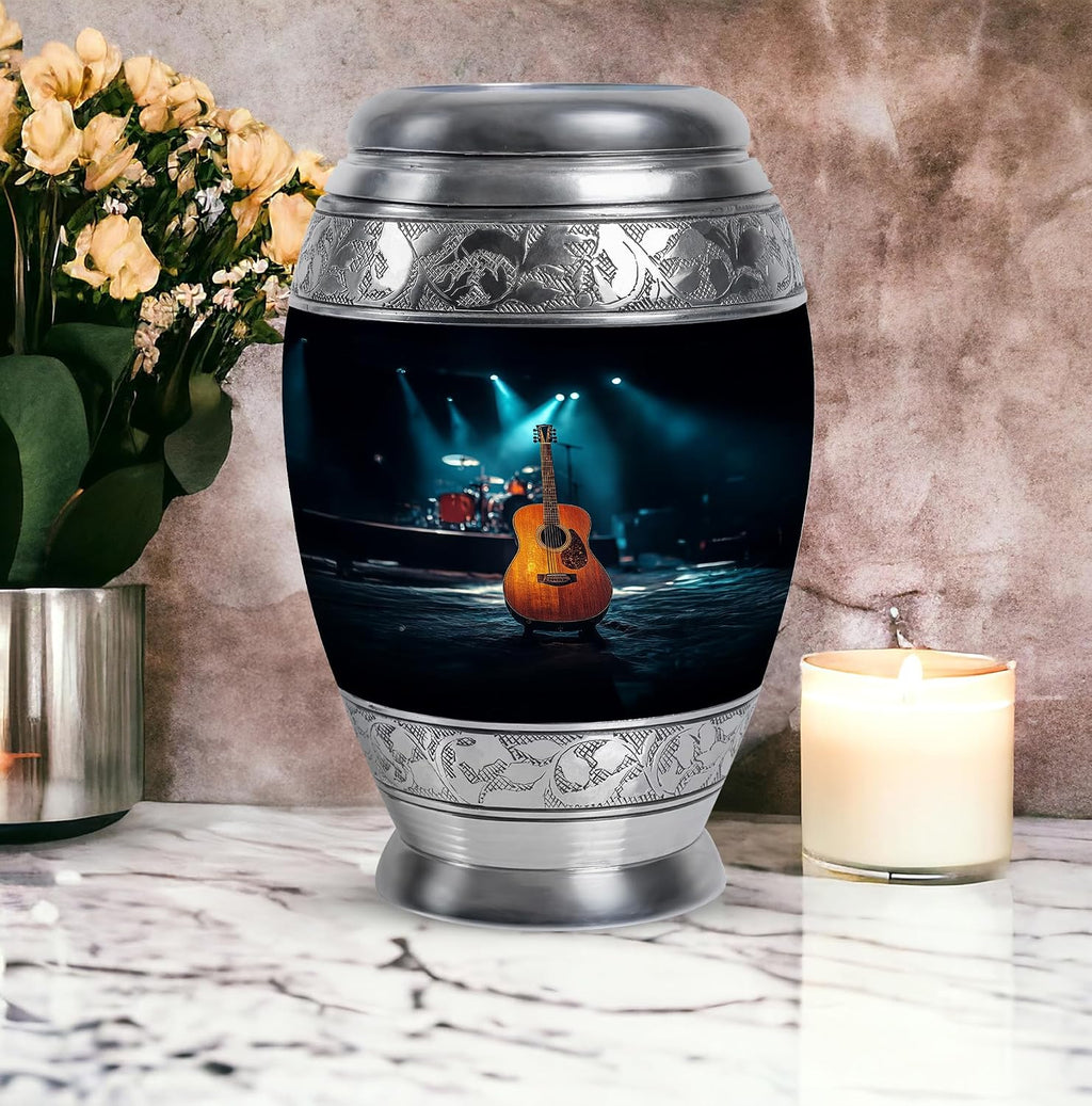 Guitar Urn - Memorial Urn - Secure Lid - Burial Urns - Urns for Adult Male Small - Hand Engraved - 10 inch