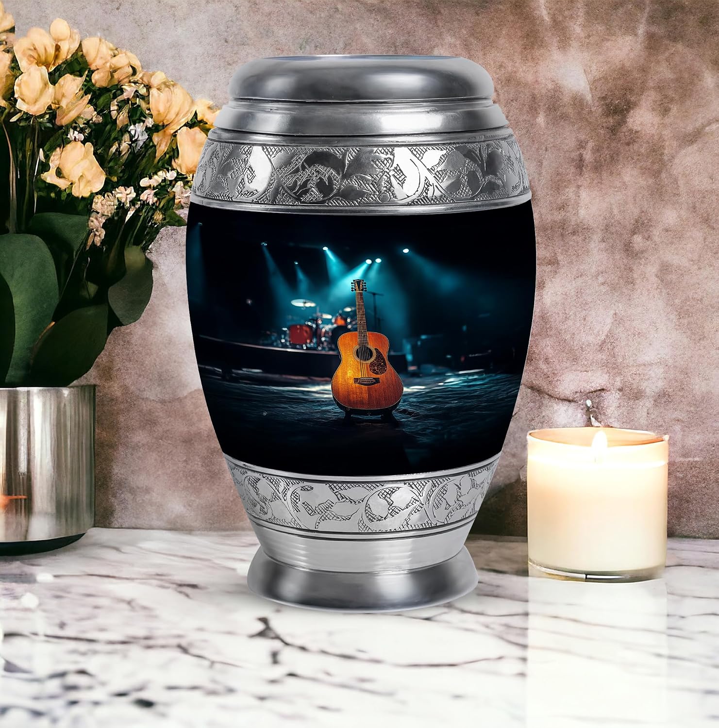 Guitar Urn - Memorial Urn - Secure Lid - Burial Urns - Urns for Adult Male Small - Hand Engraved - 10 inch
