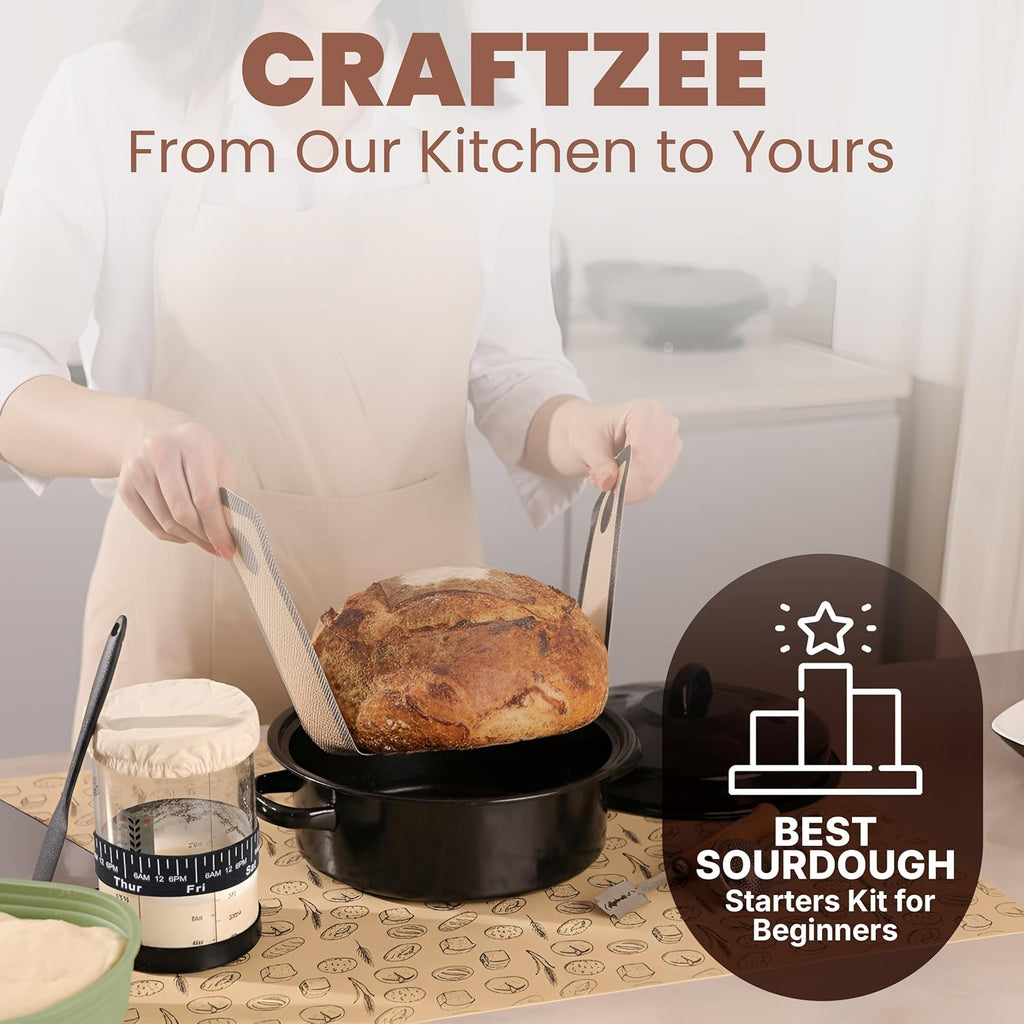 CraftZee Super All-Inclusive 𝗣𝗥𝗘𝗠𝗜𝗨𝗠 Sourdough Starter Kit with Pot - Sourdough Bread Baking Supplies, Scale, Oval & Round Baking Slings, 4 proofing Baskets, Bowl, Timer, Beginner Guide Recipes