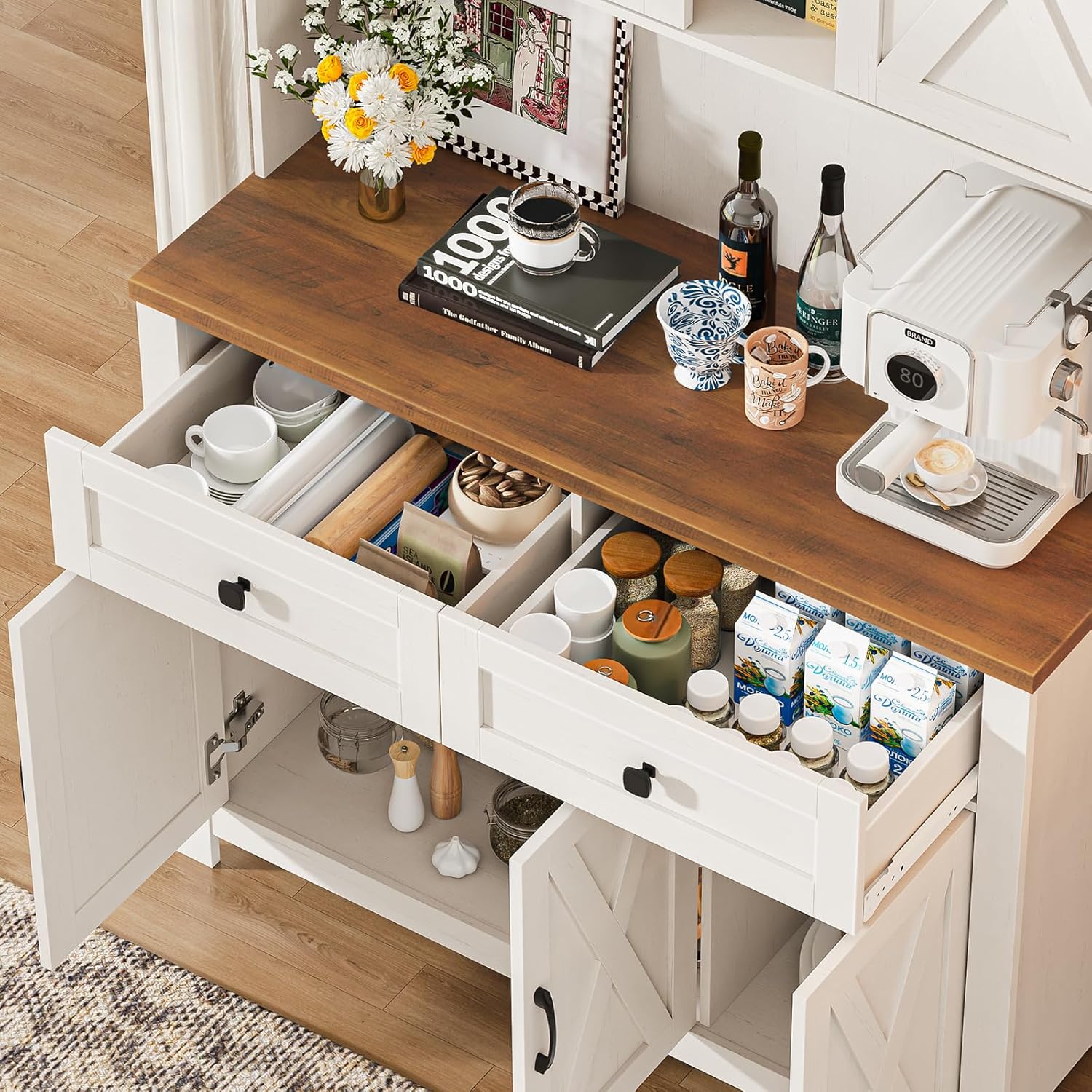 Befrases 67.7 Inch Farmhouse Pantry Storage Cabinet with Sliding Barn Doors, 2 Drawer Farmhouse Coffee Cabinet with Adjustable Shelf, Side Board with Buffet Cupboard for Livingroom Kitchen, White