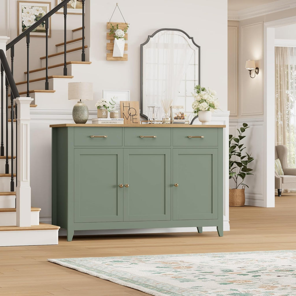 HORSTORS 47' Buffet Cabinet with Storage, Kitchen Buffet Table with Drawer, Modern Coffee Bar Storage Cabinet with Adjustable Shelf, Wood Sideboard for Dining Room, Kitchen, Entryway, Light Green