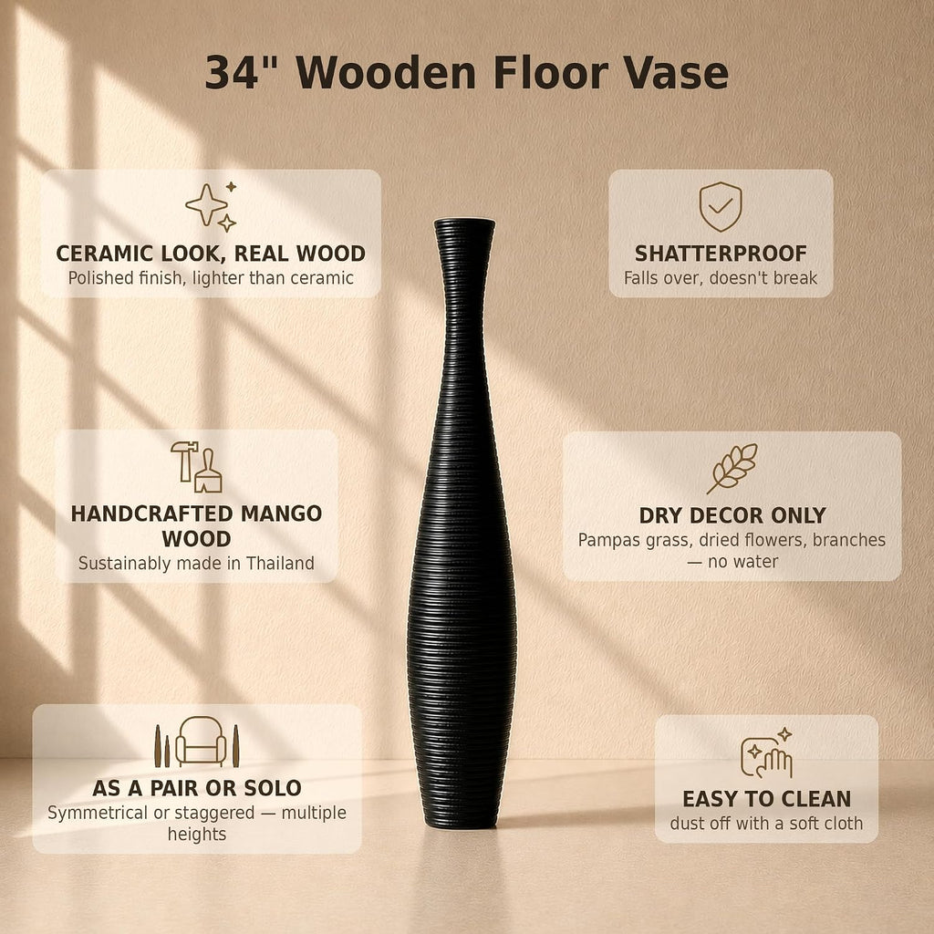 Leewadee Large Black Home Decor Floor Vase - Wooden 34 inch Tall Farmhouse Decor Flower Holder for Fake Plant and Pampas Grass
