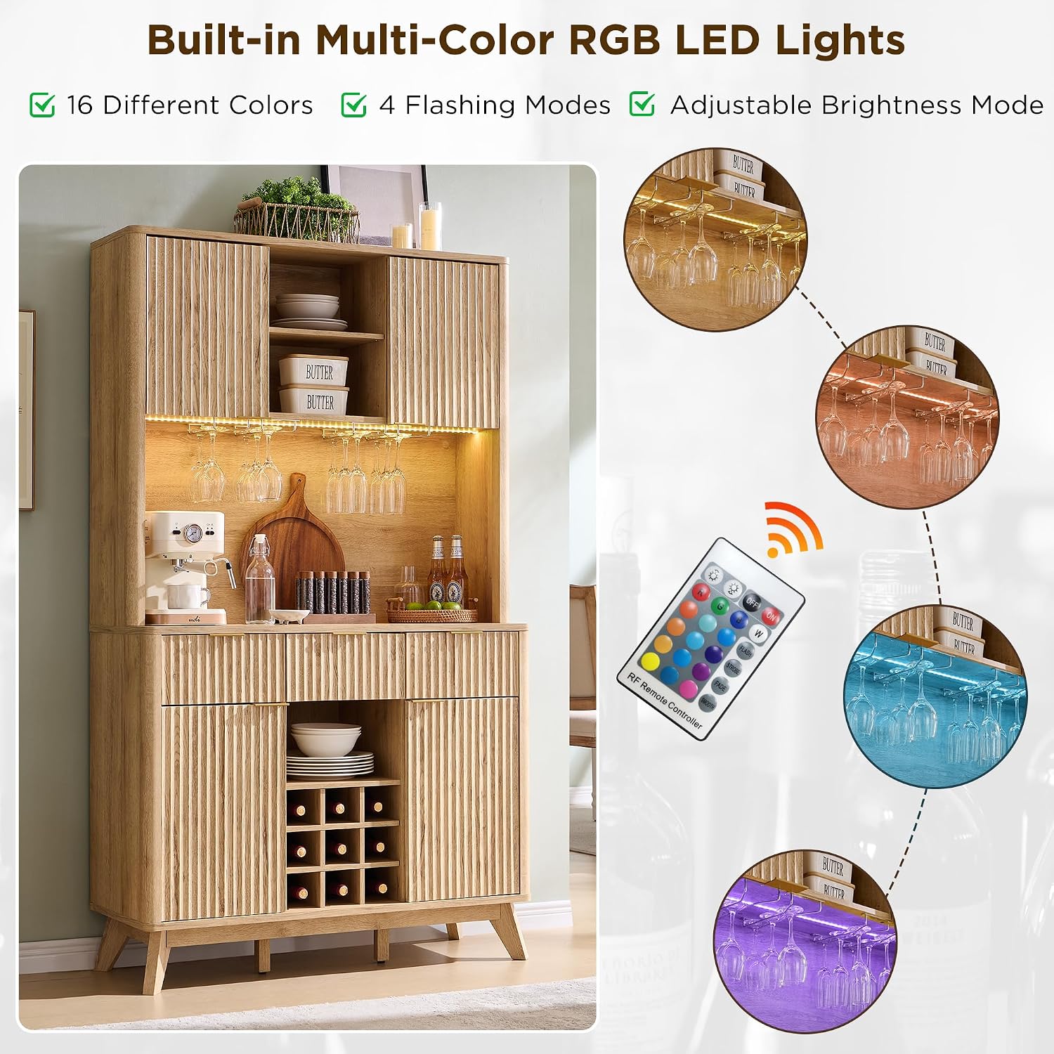 OKD 72' Tall Fluted Coffee Bar Cabinet with Ample Storage, Modern Buffet Sideboard with Glass Holder/Wine Rack/Led Lights/Charging Station, Wine Cabinet for Kitchen, Dining Room, Home Bar, Natural Oak