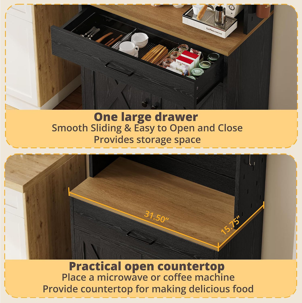 IRONCK Bakers Rack Microwave Stand with Customizable Pegboard and Storage, 71' Farmhouse Coffee Bar Cabinet with Drawer, Barn Doors, Adjustable Shelves for Kitchen, Dining Room, Living Room, Black