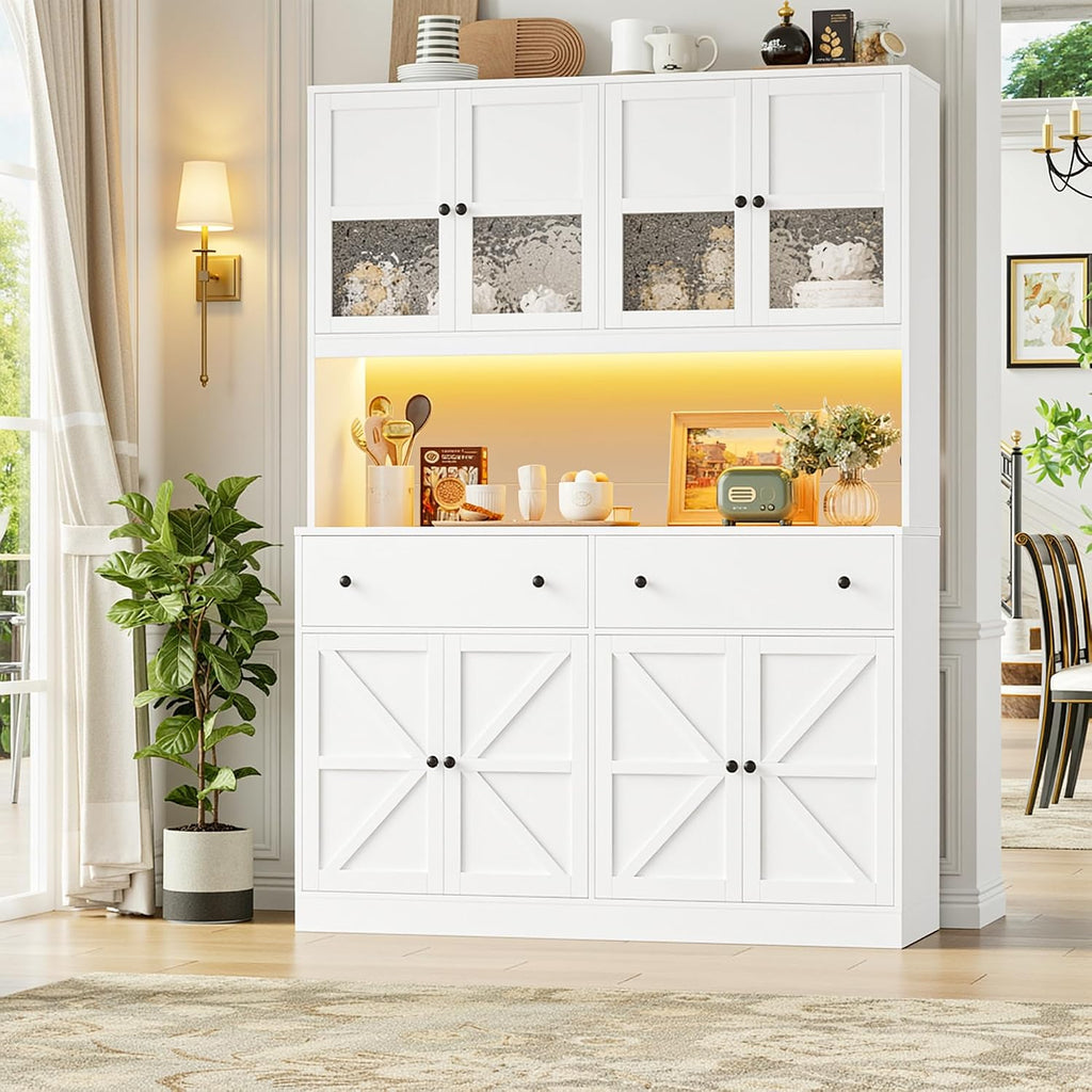 FINETONES 71' Pantry Cabinet with LED Light and Charging Station, Farmhouse Kitchen Pantry Cabinet with Microwave Stand, 47.2' Wide Kitchen Hutch Food Pantry with Open Countertop, White