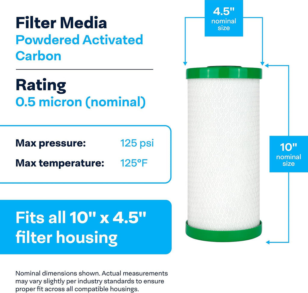 SpiroPure SP-CBR2-BB 10x4.5 0.5 Micron NSF Certified Coconut Shell Carbon Block Water Filter Cartridge CBC-BB 155170-43 SMCB-4510 (Case of 6)