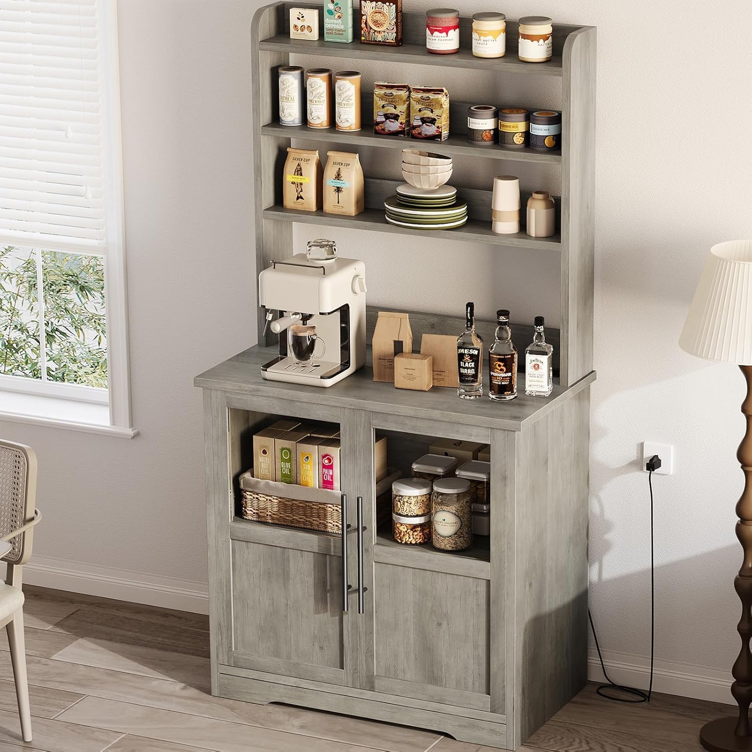 GAOMON Farmhouse Bakers Rack with Storage Cabinet and Power Outlets, Kitchen Pantry Organizer Hutch with Thickened Countertop, Microwave Stand with USB Ports, Multi-Shelf Storage, Gray
