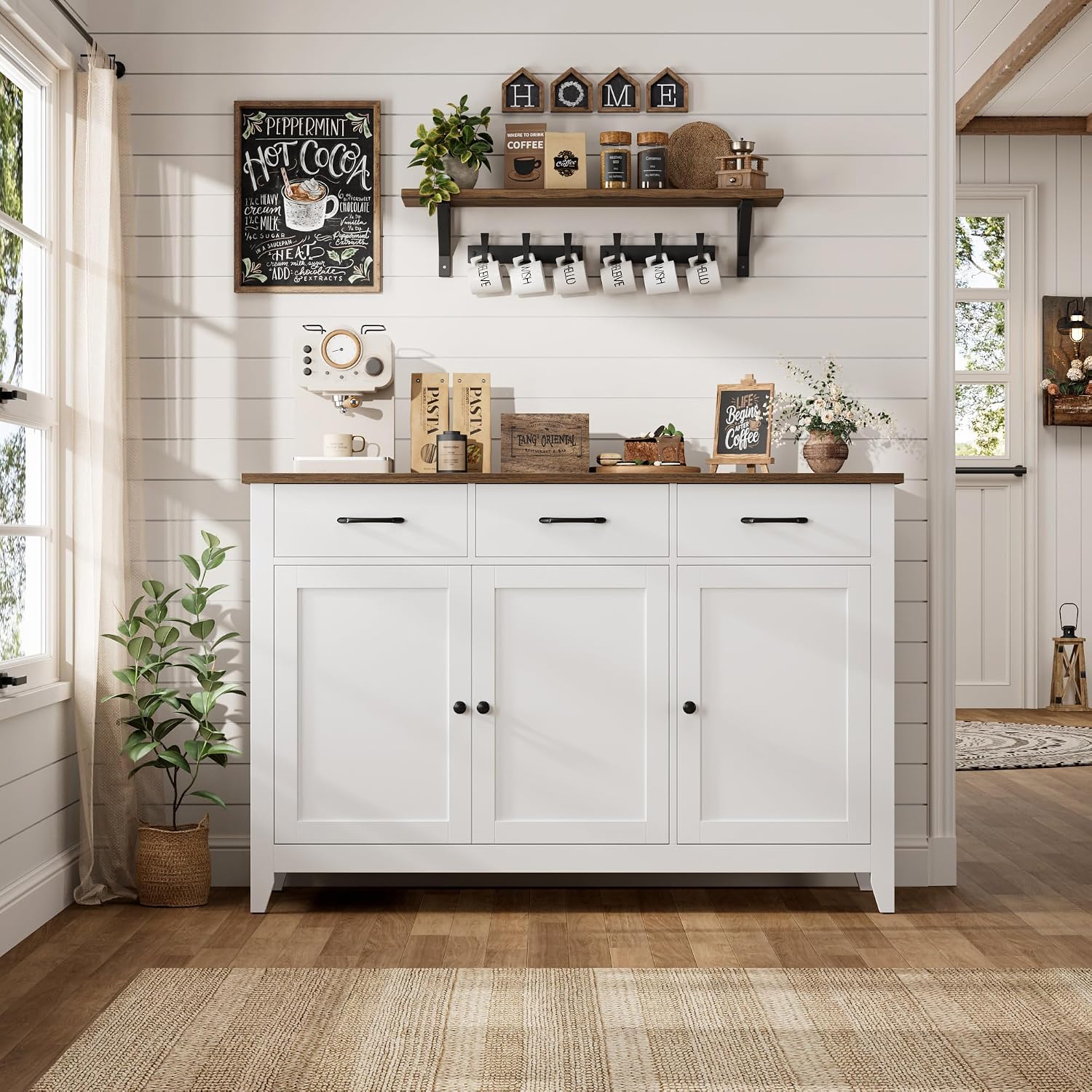 HORSTORS 47' Buffet Cabinet with Storage, Kitchen Buffet Table with Drawers, Modern Farmhouse Coffee Bar Storage Cabinet with Adjustable Shelf, Wood Sideboard for Dining Room, Kitchen, Entryway, White