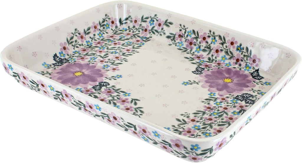 Blue Rose Polish Pottery - Purple Lilac Garden Medium Rectangular Baker - 12' x 9.25' - Unique, Dishwasher Safe, & Durable Bakeware