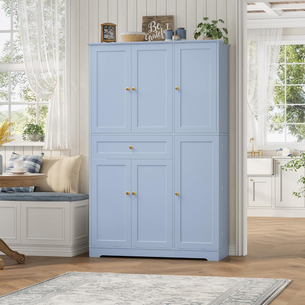 HOSTACK 68' Tall Kitchen Pantry Storage Cabinet, Modern Kitchen Hutch Cabinet with Doors and Shelves, Freestanding Food Pantry with Large Storage Drawer for Dining Room, Living Room, Light Blue