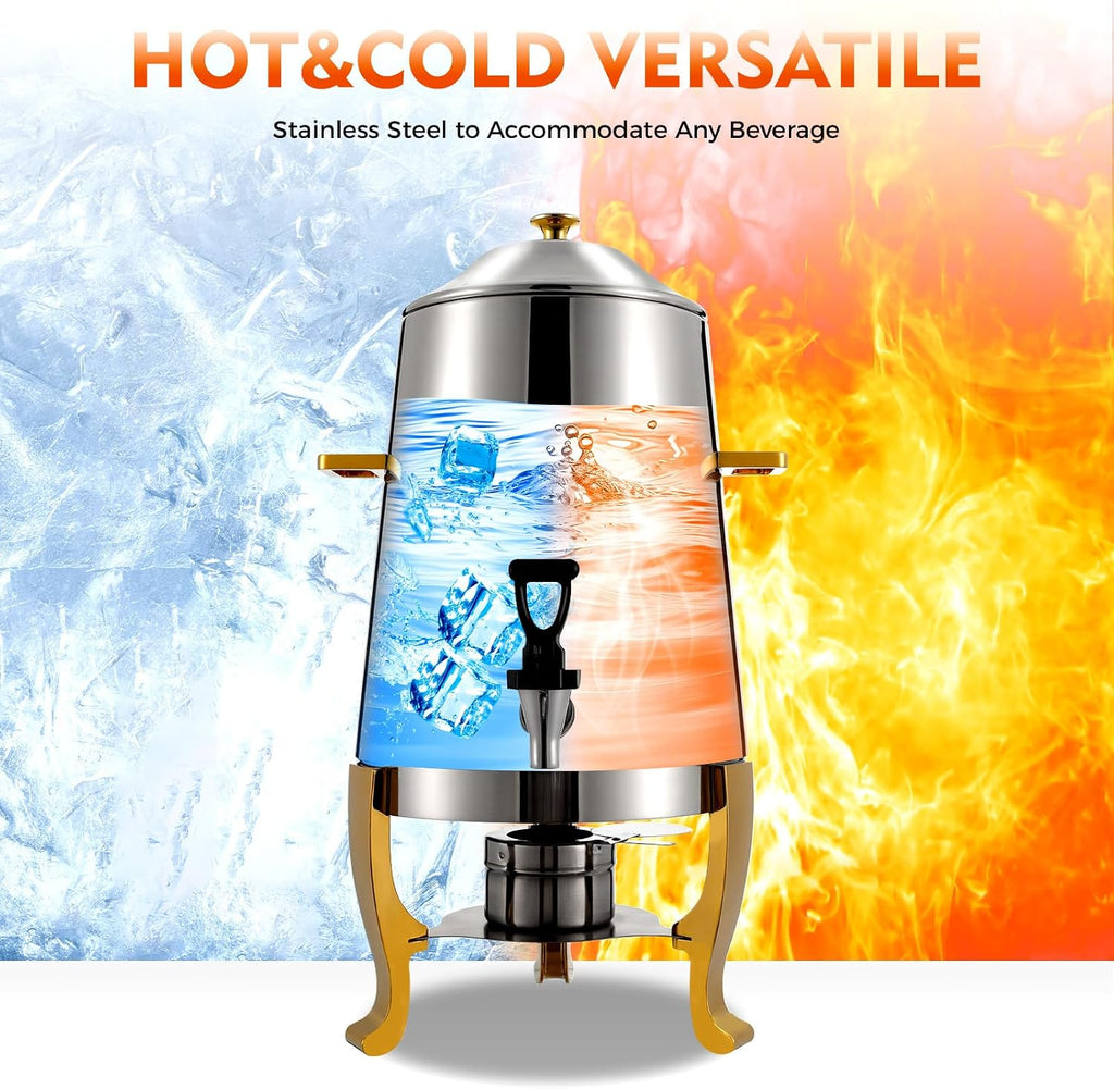 13L/3.5 Gallon Hot Beverage Dispenser, Electric Stainless Steel Coffee Chafer Urn, Fuel Tray Holder, Drink Dispenser with Gold Accent and Ice Container for Hot & Cold Drinks, Party Event Buffet