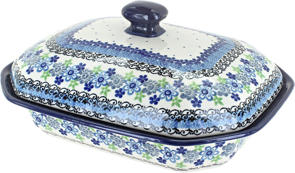 Blue Rose Polish Pottery - Blue Eliza Medium Covered Baker - 3 Cup Capcaity - Unique, Dishwasher Safe, & Durable Bakeware