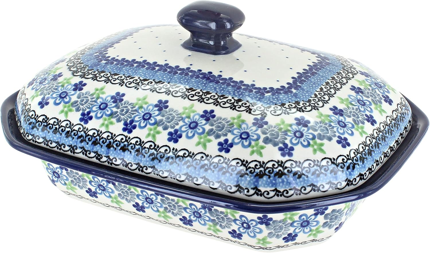 Blue Rose Polish Pottery - Blue Eliza Medium Covered Baker - 3 Cup Capcaity - Unique, Dishwasher Safe, & Durable Bakeware