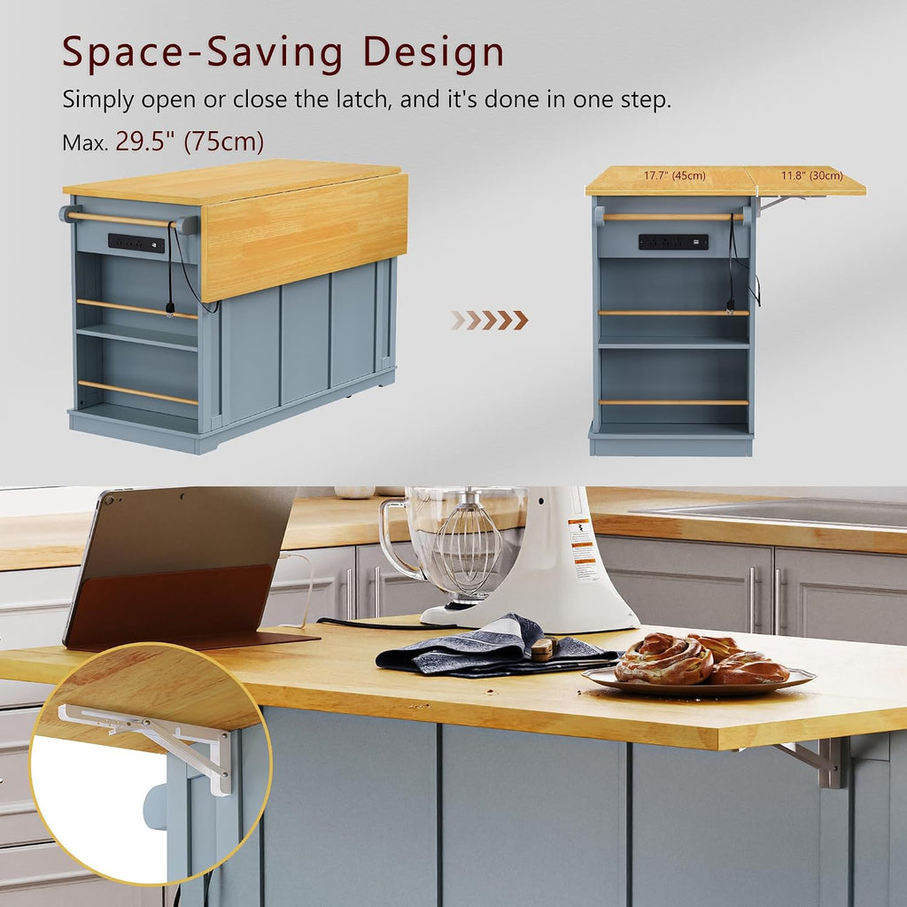 Kitchen Storage Island on Wheels with 2 Bar Stools, Rolling Drop Leaf Kitchen Island Cart with Power Outlet, Open Side Racks, Door Shelves and Towel Bar, 53-Inch, Grey Blule